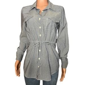 Tommy Hilfiger Shirt Womens Petite Small PS Long Sleeve Tie Waist Blue Stripe